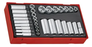 32-elementowy zestaw nasadek calowych z chwytem kwadratowym 1/4" i 3/8" Teng Tools TTAF32