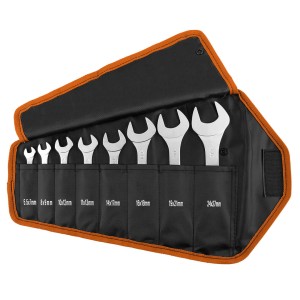 Klucze Stalowe CrV płaskie dwustronne, super cienkie, 5.5 x 27 mm, zestaw 8 szt., materiałowe etui Neo