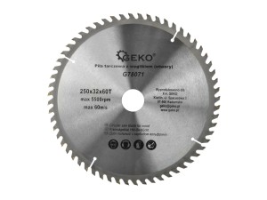Tarcza do cięcia drewna 250x32x60T do piły stołowej / krajzegi Otwory chłodzące Geko