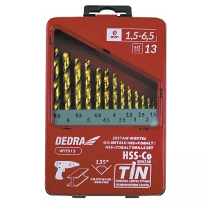 Zestaw 13szt wierteł do metalu HSS+kobalt+TiN, 135° Dedra