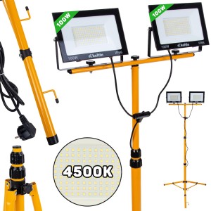 Naświetlacz LED 2x100W ze statywem budowlanym teleskopowym i przewodem  barwa biała neutralna 4 Keltin